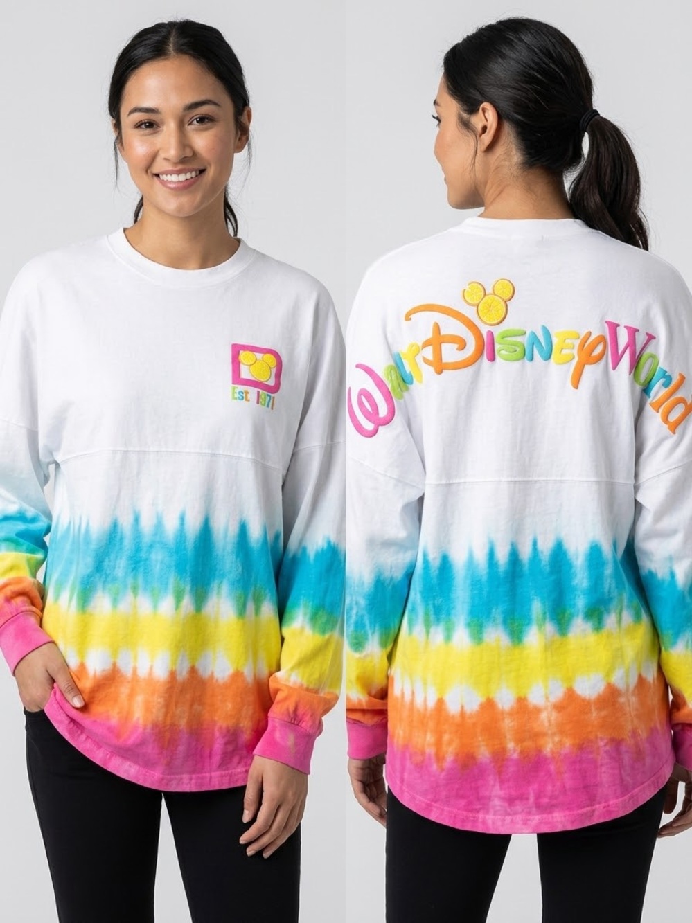 Disney White Tie-Dye Long Sleeve Tee with Rainbow Logo